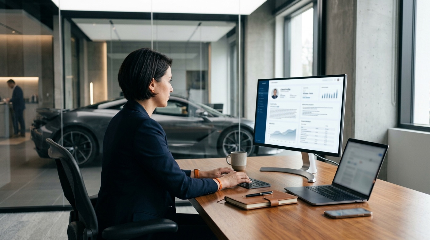 A client relations manager reviews client profiles at her desk, with a supercar parked beyond the glass wall