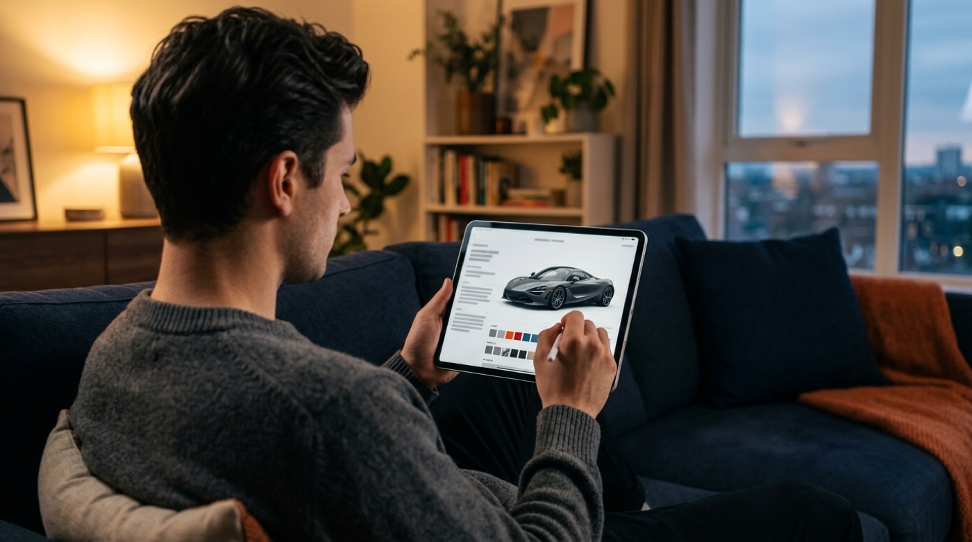 A young entrepreneur on a sofa at home choosing paint and interior options for a supercar on a tablet
