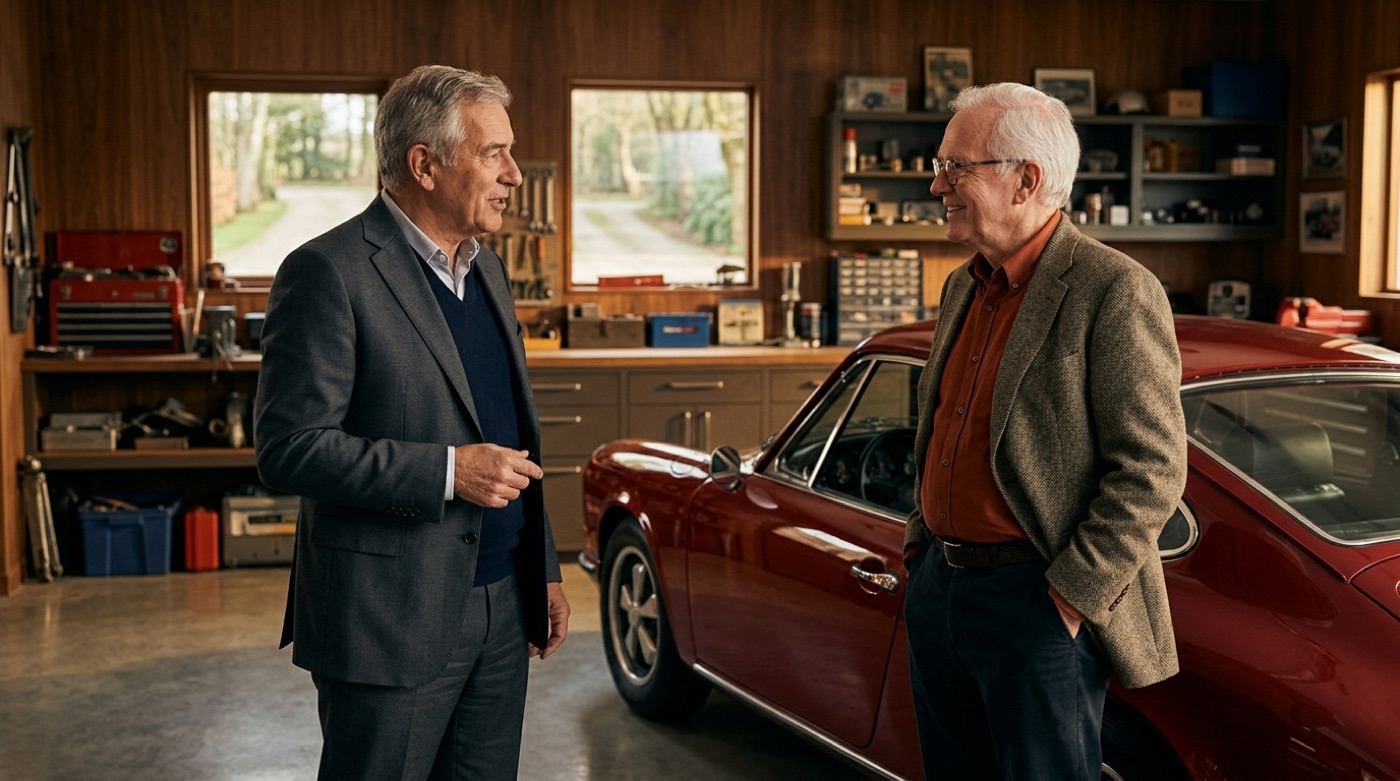 A senior sales advisor and a long-time collector chatting warmly beside a classic red sports car in a private garage