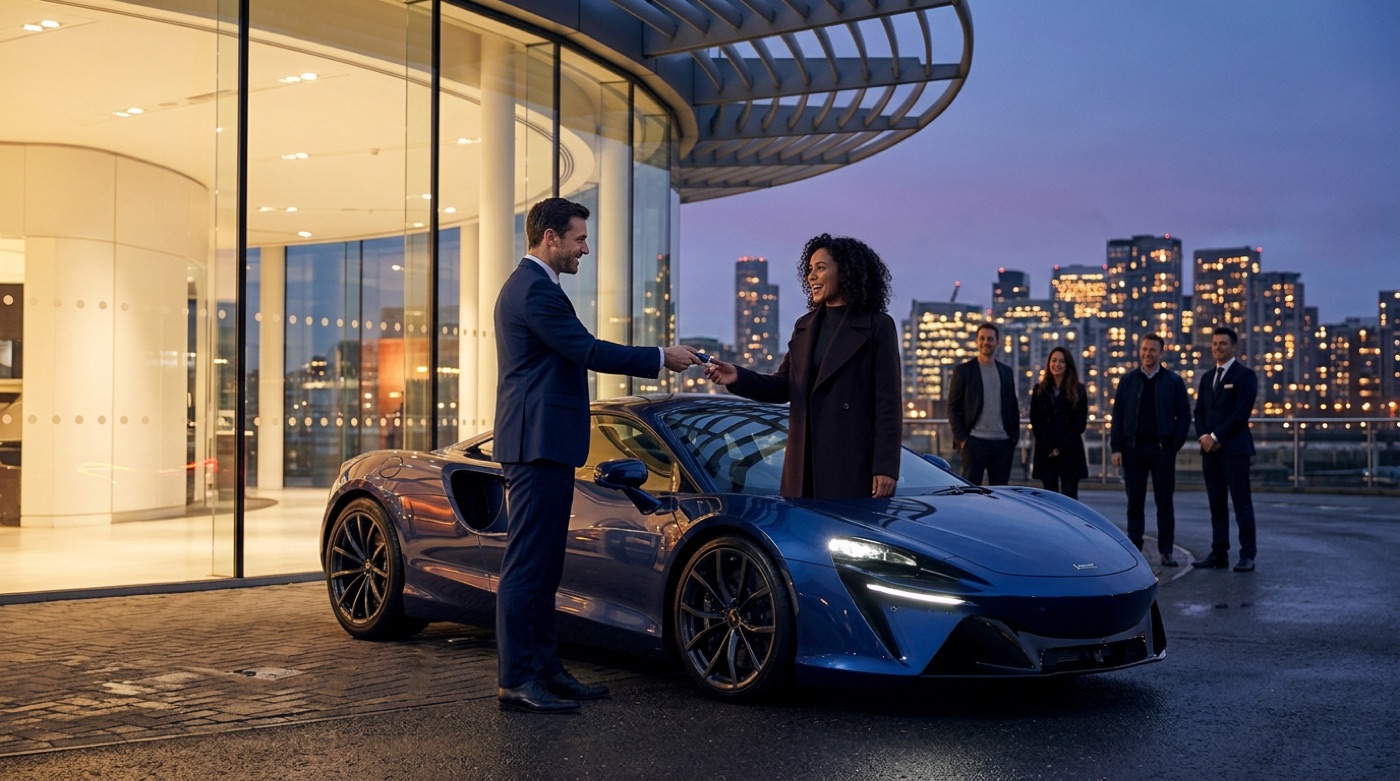 At dusk, a salesperson hands the key to a smiling new owner outside a glass showroom with the city skyline behind