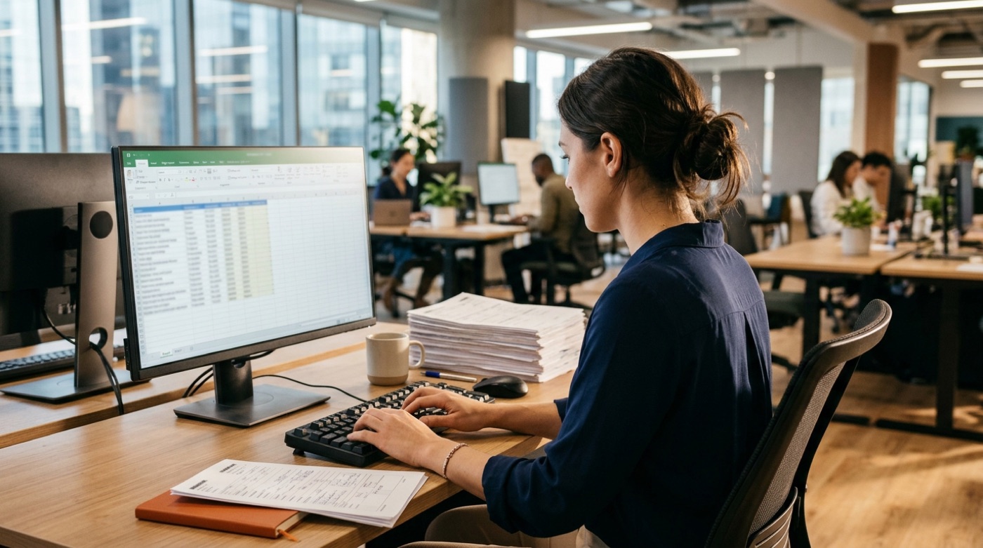 An employee re-entering the same customer details from a paper form into a spreadsheet