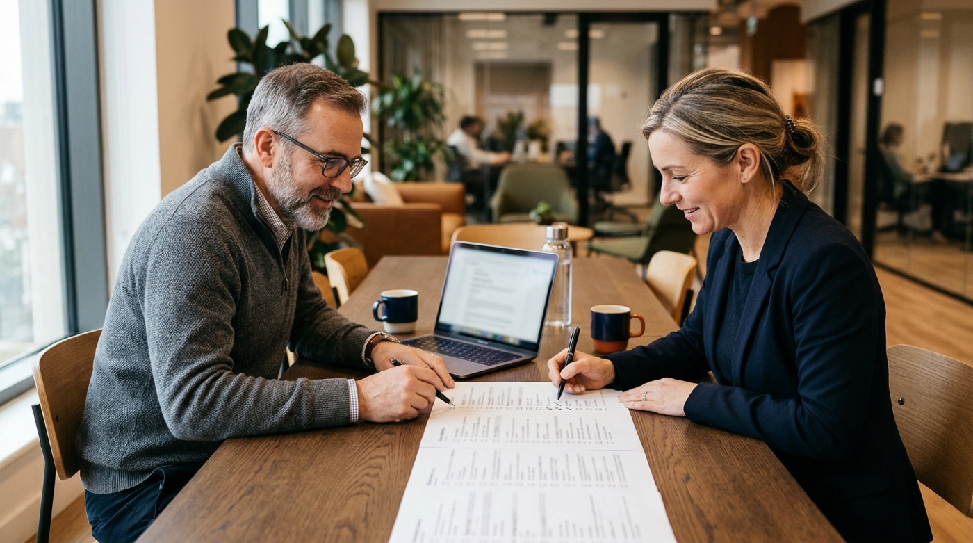 An IT manager and a business owner ticking through a list of the software tools the company uses