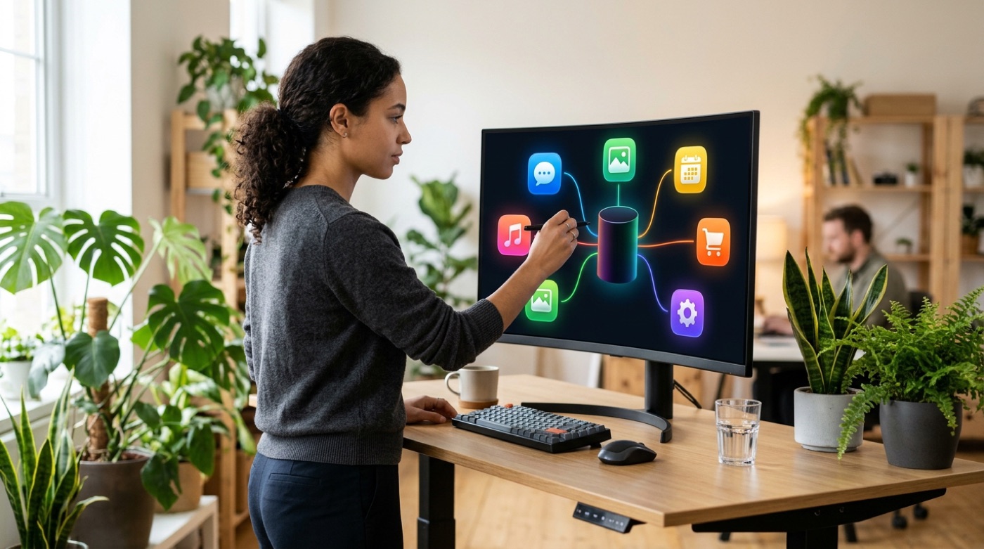 A developer connecting app icons on screen to one central database