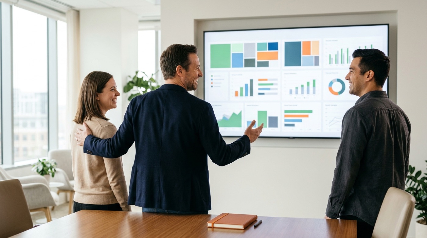 A team in a meeting room looking at a single, integrated dashboard on a large screen