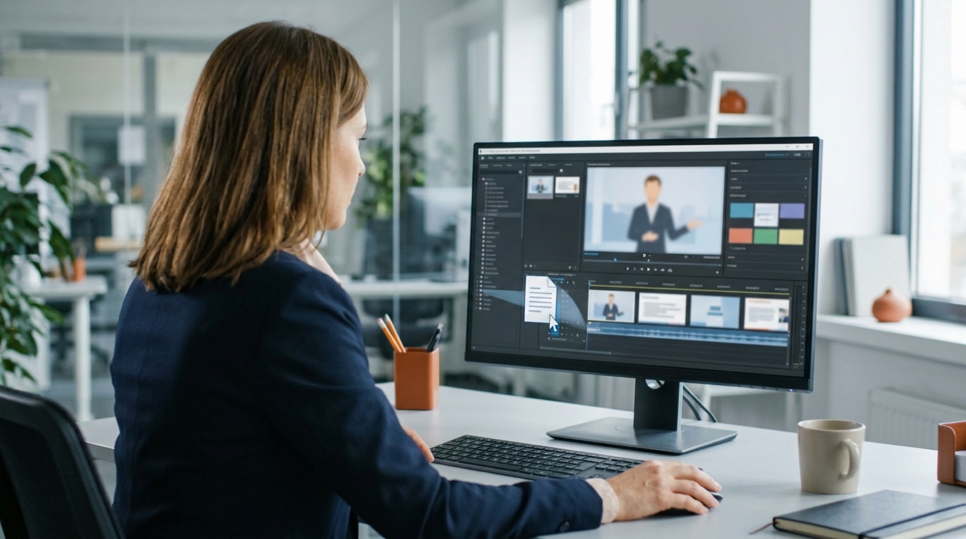 An HR manager at a desk dragging a training document into a video editing tool on a computer monitor, with a presenter avatar and slides on screen