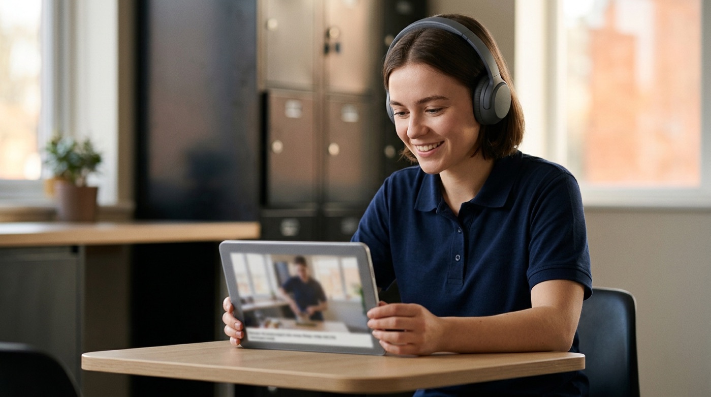 A new retail employee wearing headphones, watching a how-to video on a tablet in the staff break room