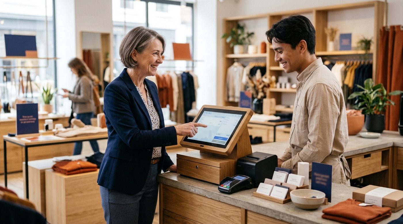 A senior store manager standing by a shop counter, demonstrating the checkout process to a new employee, both smiling