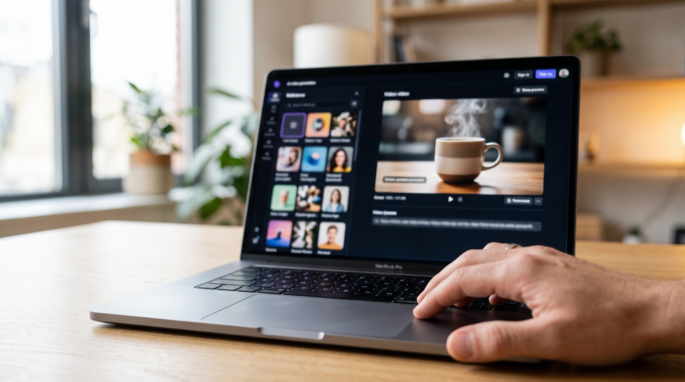 A laptop showing an AI video tool with a grid of reference thumbnails on the left and a preview of a steaming coffee cup on the right