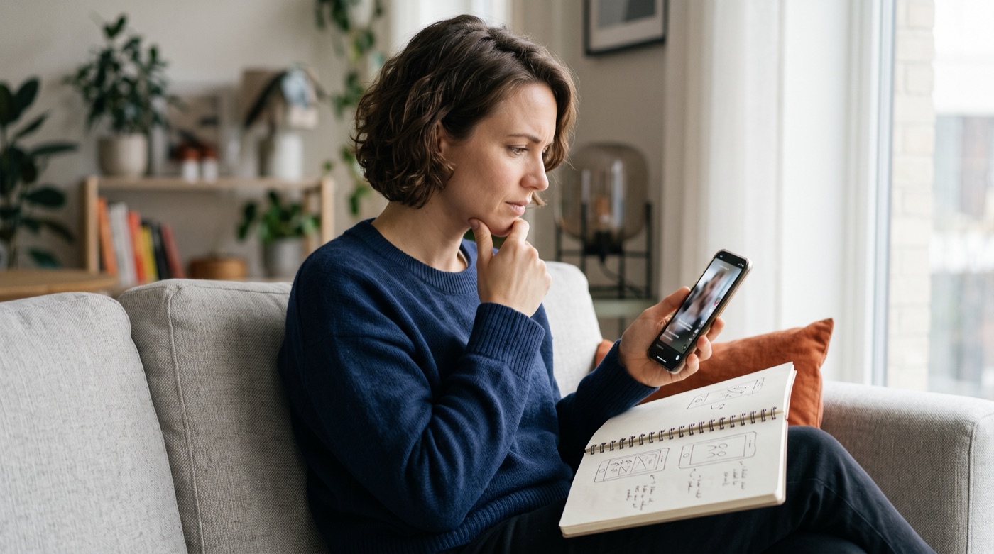 A marketer on a sofa watching a vertical video on her phone, a notebook of sketched frames open on her lap