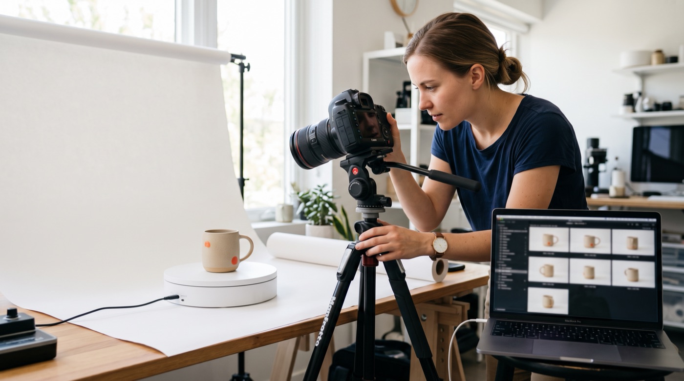 A designer photographing a mug on a turntable against a white backdrop, with a grid of angle shots on the laptop beside her