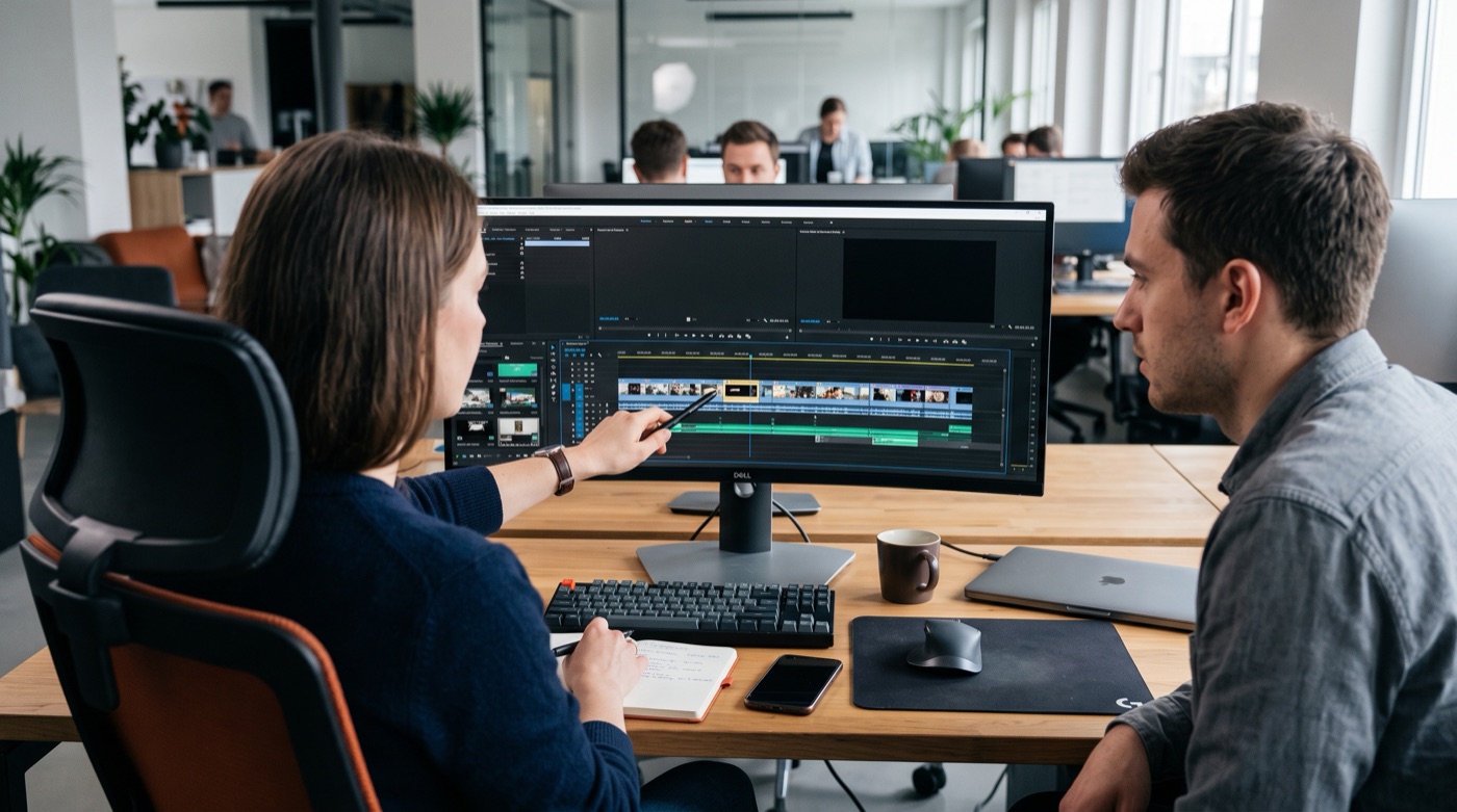 Two colleagues reviewing a video timeline on a wide monitor, one pointing a pen at a row of keyframe thumbnails