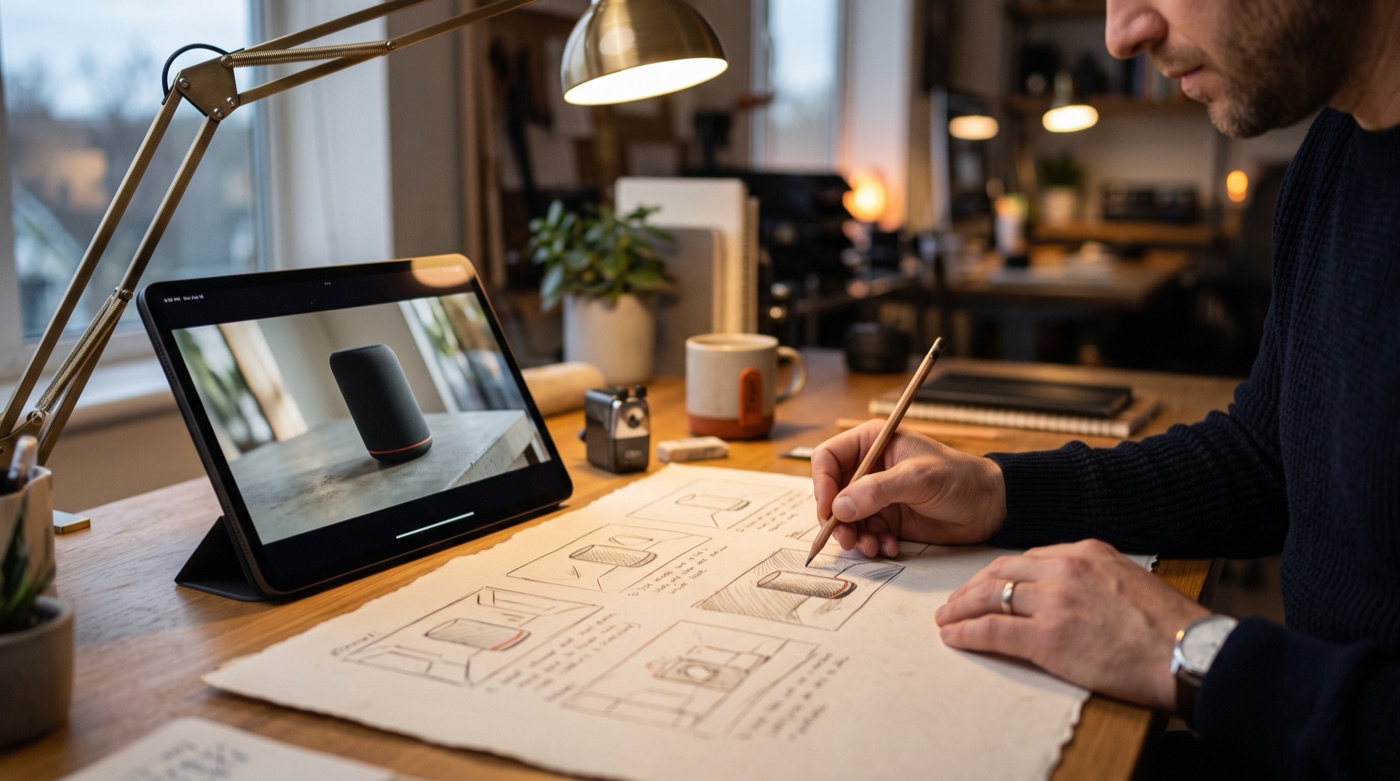 A creative director pencilling storyboard frames on paper beside a tablet showing the matching product shot