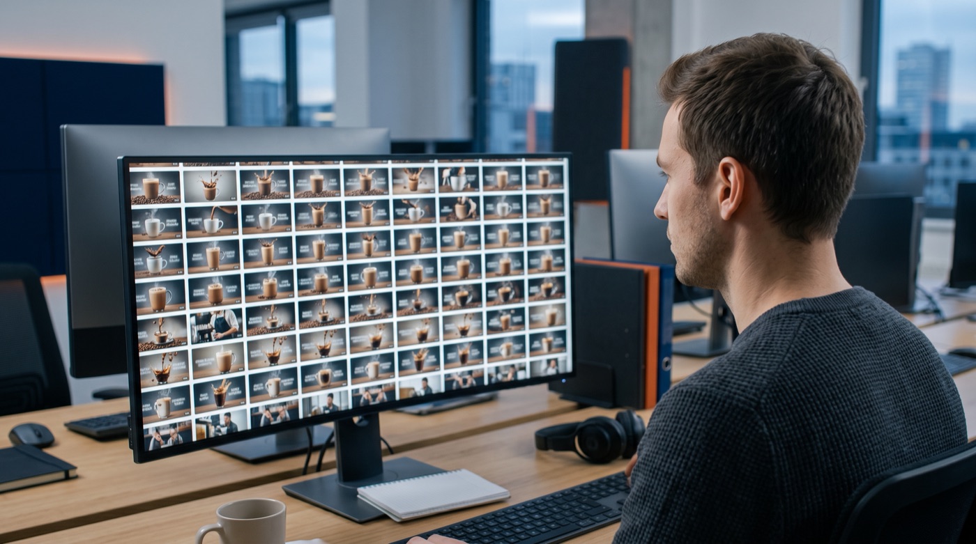A marketer reviews a screen filled with hundreds of AI-generated versions of the same coffee ad