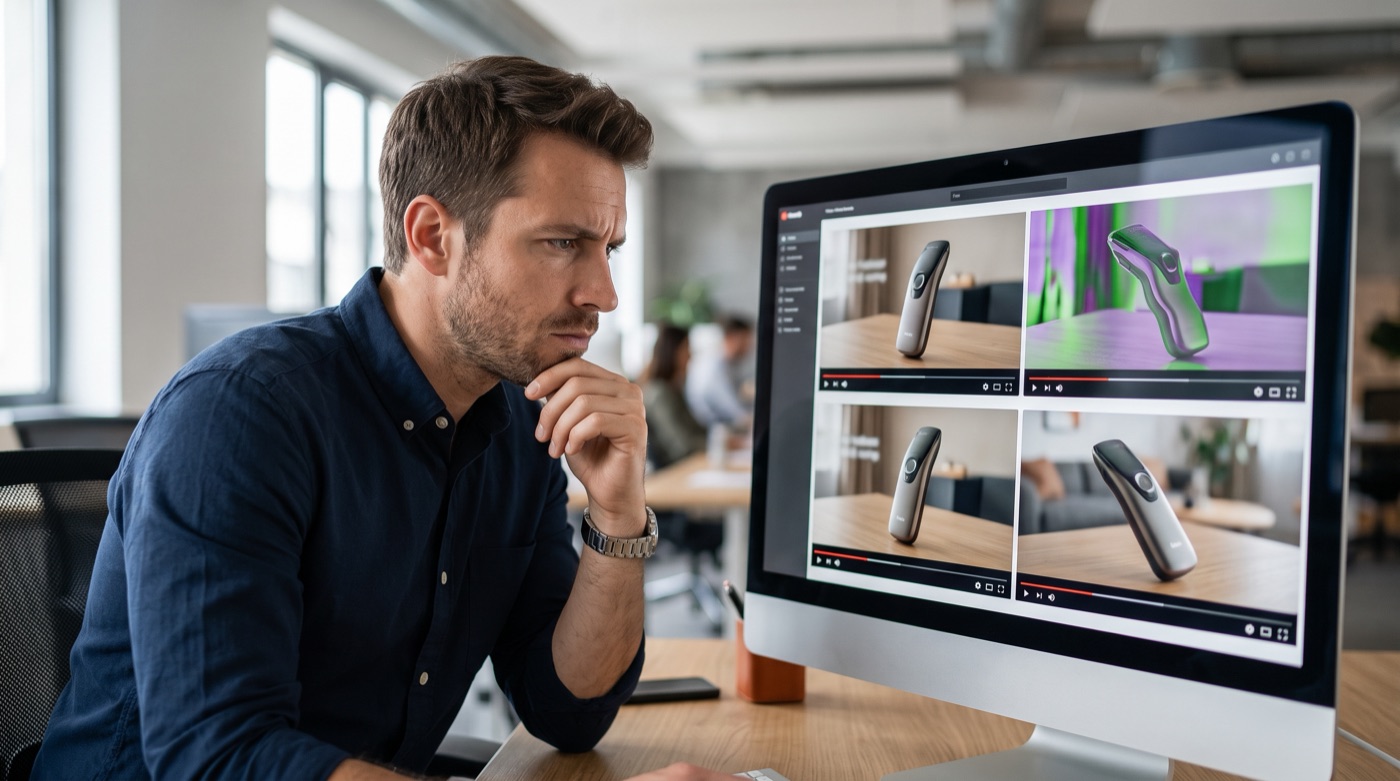 A brand manager frowns at an off-brand version among several product video ads