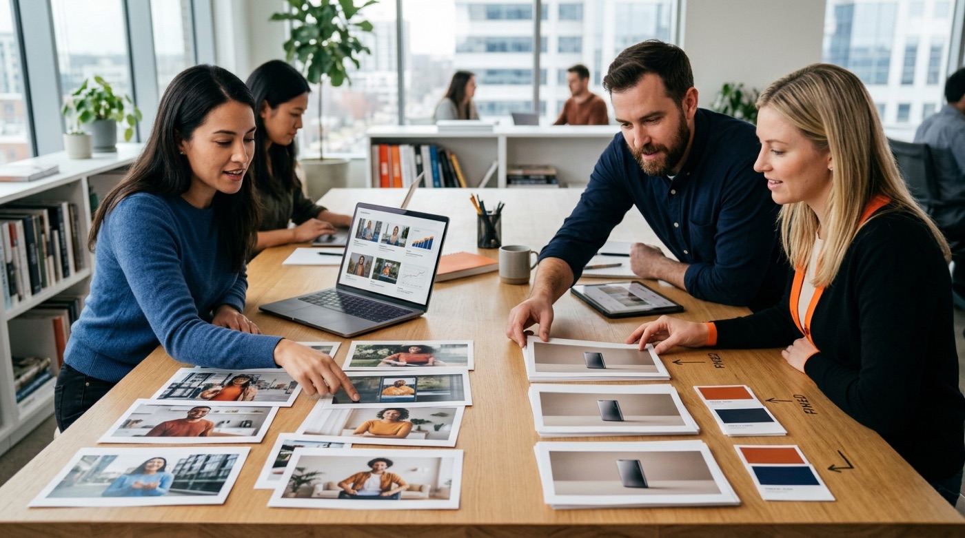 A creative team separates ad elements that can vary from the product shots and brand colors that cannot