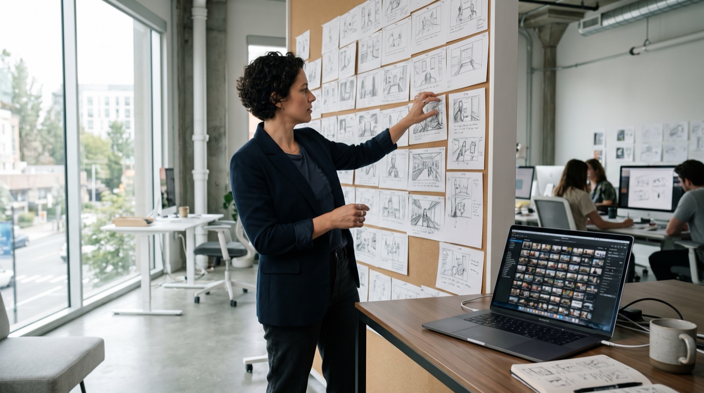 A creative director picks one frame from a wall of storyboard sketches while a laptop generates many video variations