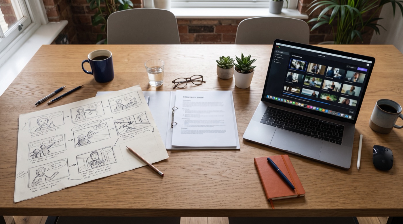 One strategy brief, with a hand-drawn storyboard on one side and AI-generated video frames on a laptop on the other