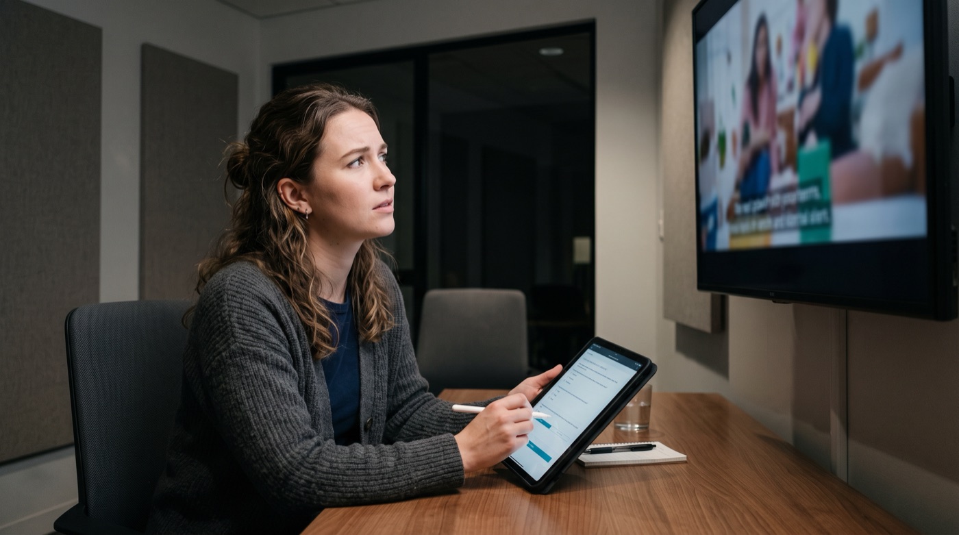A test viewer fills in a survey on a tablet after a video ad, unsure whether AI made it