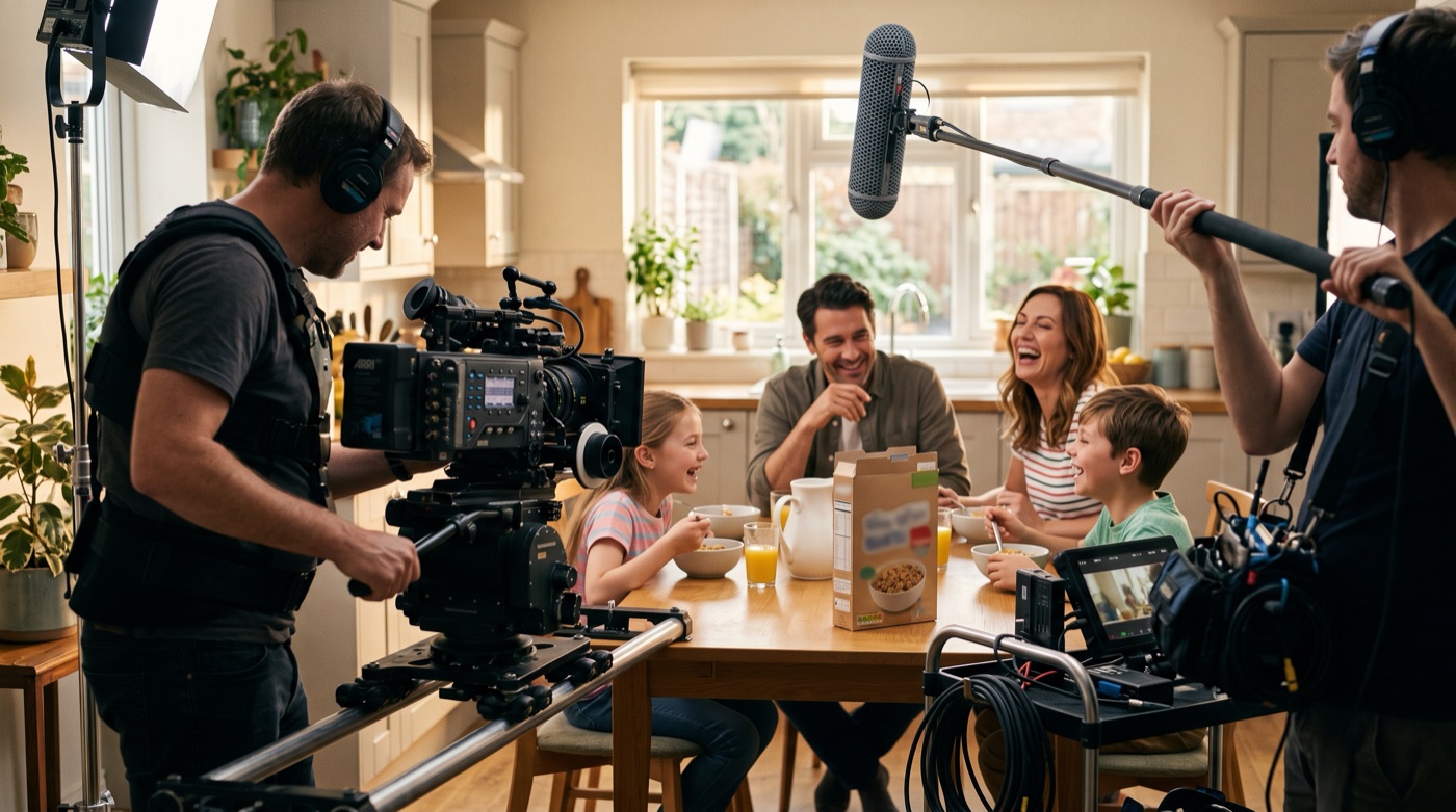 A film crew shoots a family laughing together at the breakfast table for a commercial