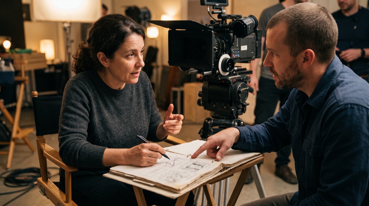 A director marks up a storyboard on set while discussing the story's point of view with a cinematographer