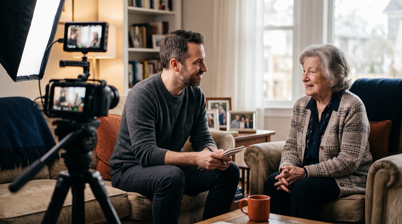 A filmmaker interviews an older woman at home, capturing a genuine emotional moment on camera