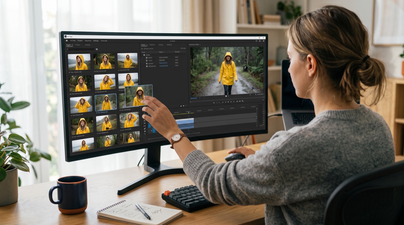 A video editor dragging reference photos of the same woman in a yellow raincoat into an AI video tool on a large monitor, thumbnails on the left and a preview on the right