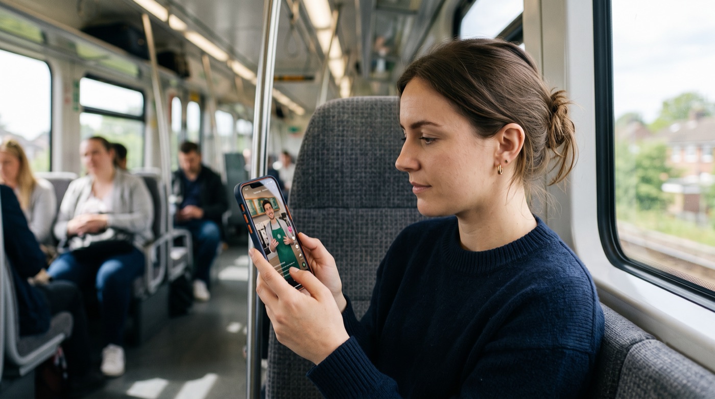 A commuter on a train watching a vertical short video on a phone featuring a barista character in a green apron