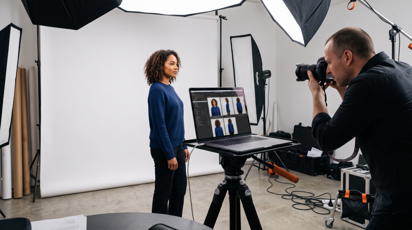 A photographer in a small studio shooting a model in a plain blue sweater from the side, with front and back shots already on a laptop nearby