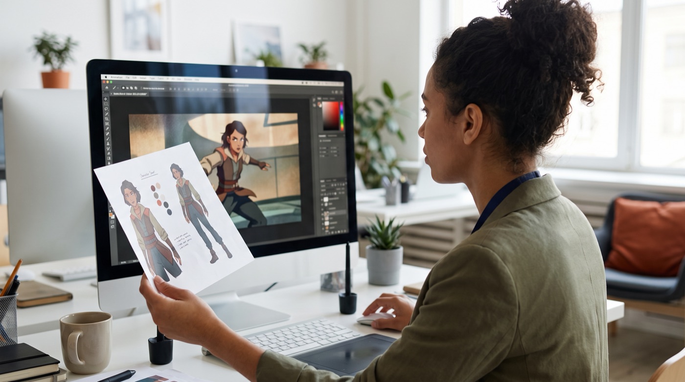 A creative director holding a printed character sheet beside a monitor to compare the face and outfit in a video