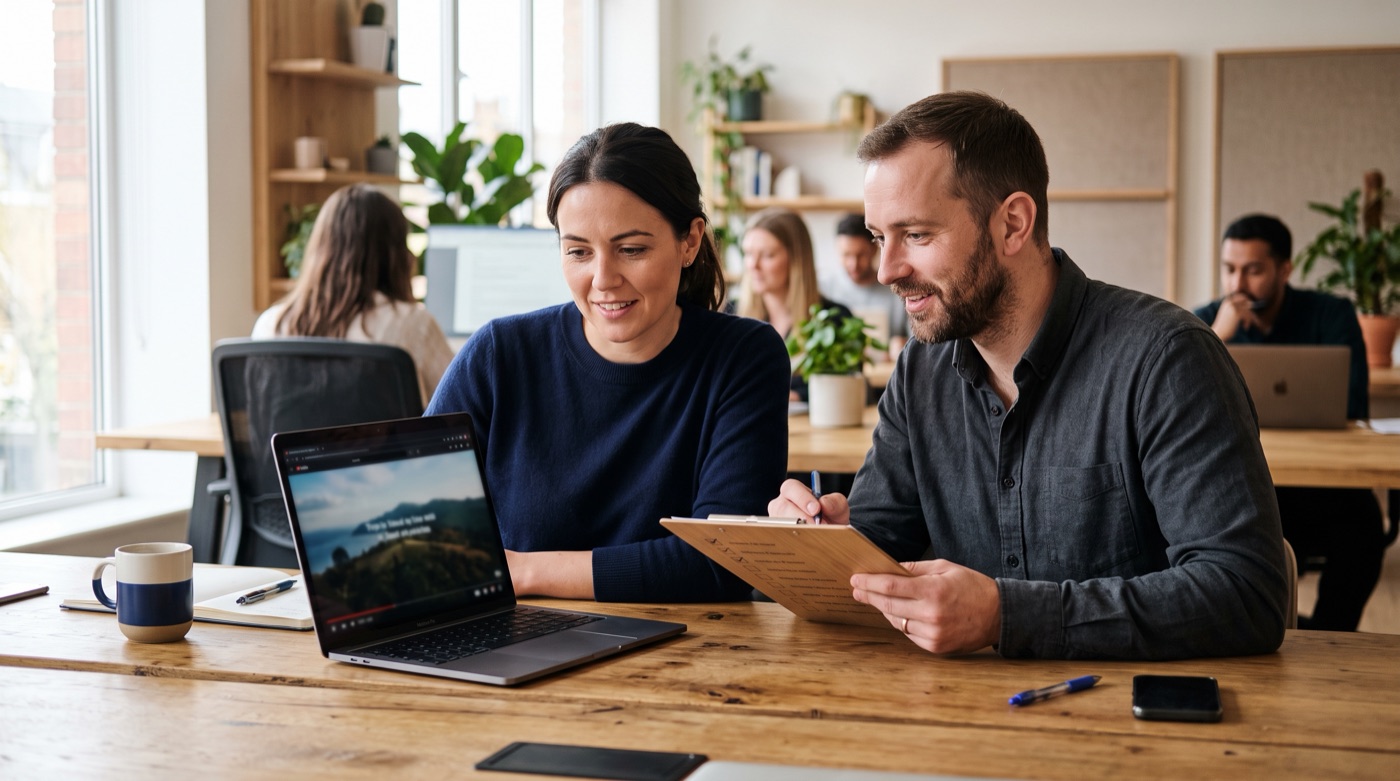 Two colleagues at a desk watching a finished short video, one ticking items on a clipboard checklist