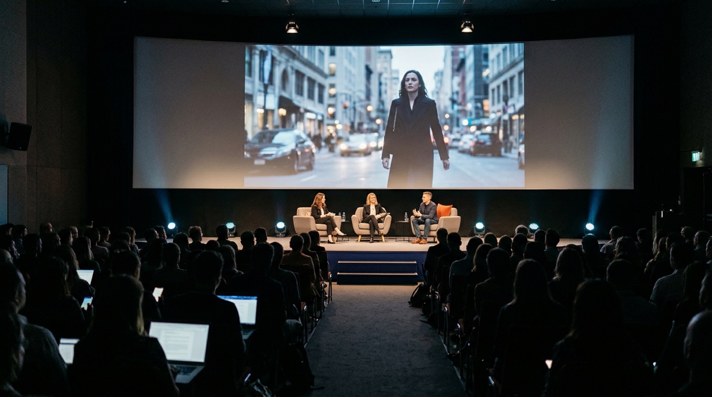Three panelists on a conference stage in front of a large screen showing a cinematic city scene