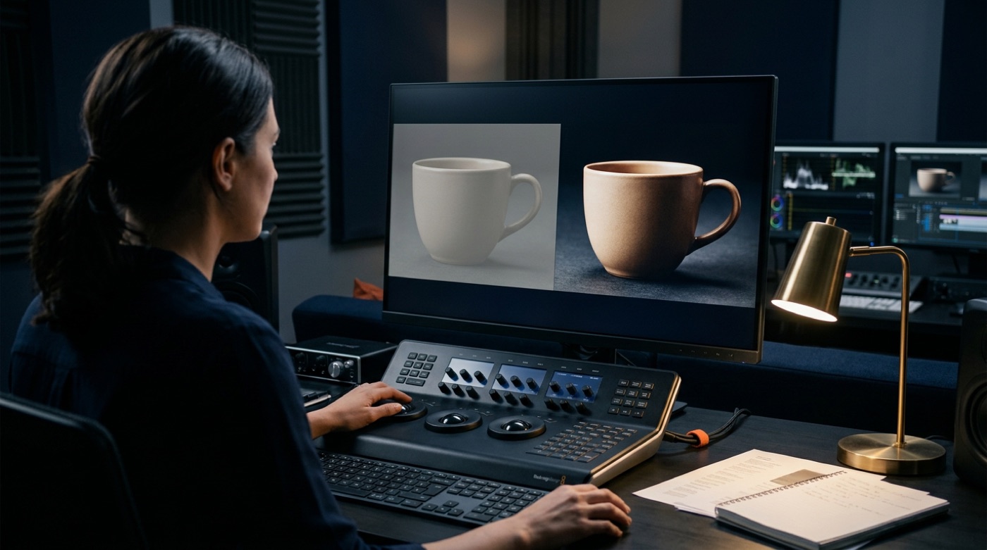 A colorist comparing two graded versions of the same coffee cup shot in an edit suite