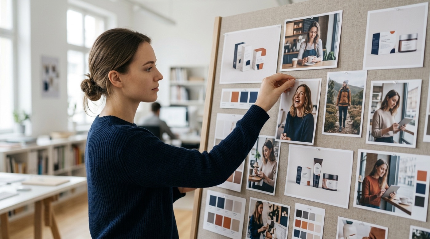 A brand designer pinning photos of one character, product packaging and color swatches onto a mood board