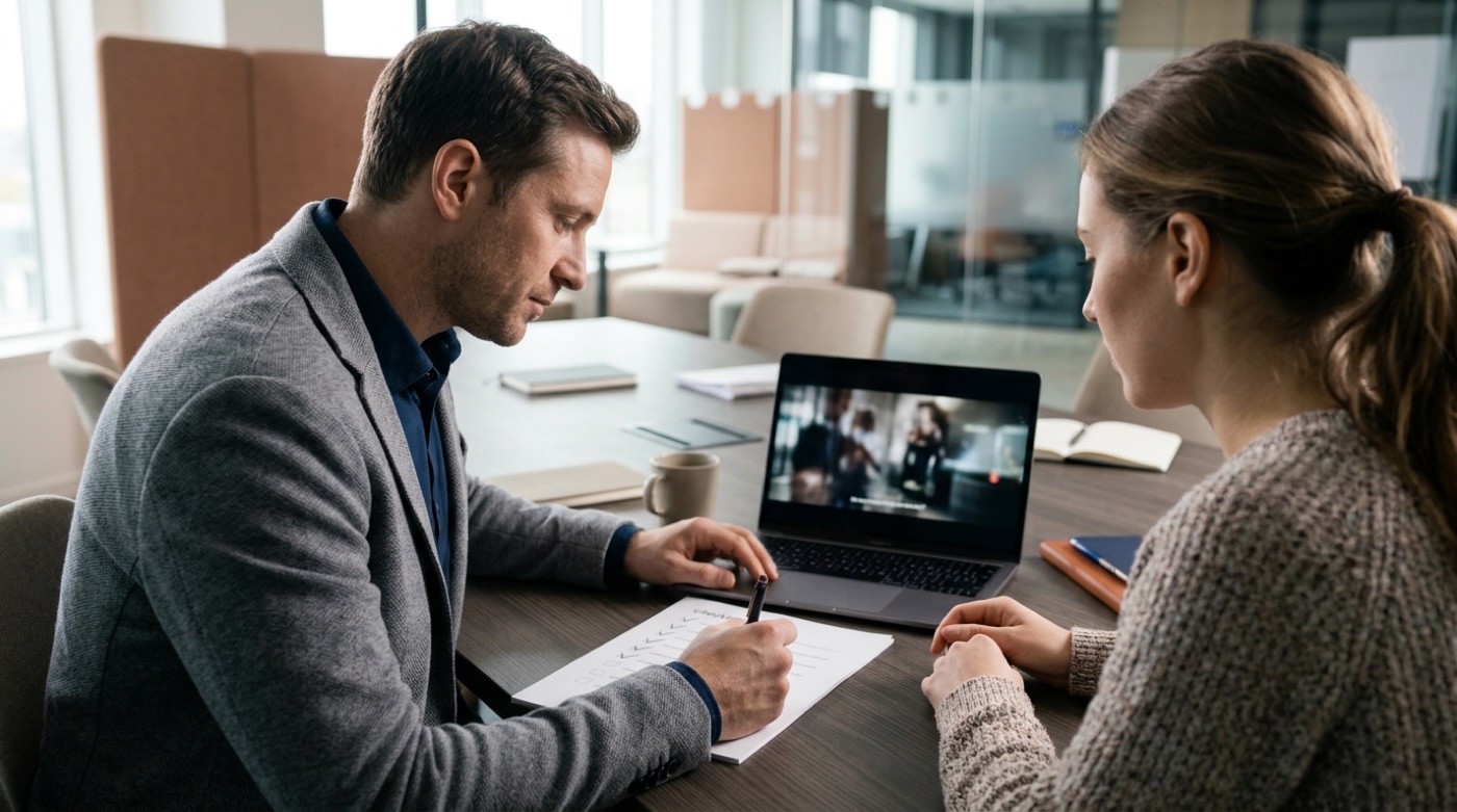 A legal reviewer and a marketer checking a video ad on a laptop against a printed checklist