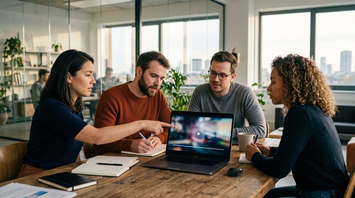 A brand team around a laptop discussing an AI video draft, one pointing at the screen and one taking notes