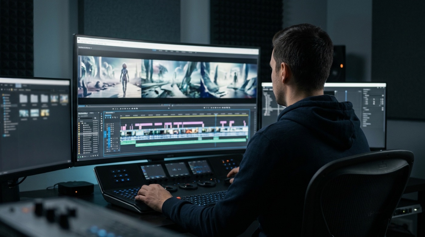 An editor in an edit suite watching a long AI-generated sequence timeline on a large monitor, screen text blurred