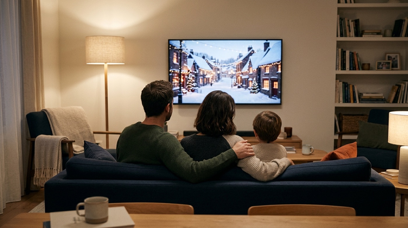A family on a living-room sofa watching a brand's holiday short film together on TV, absorbed