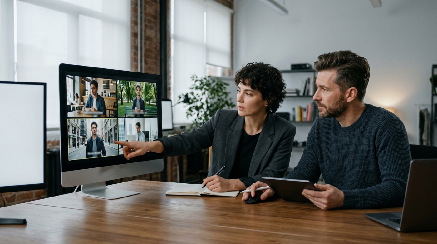 A director and an AI video artist sitting side by side at a monitor, comparing frames of the same character across different scenes, screen text blurred