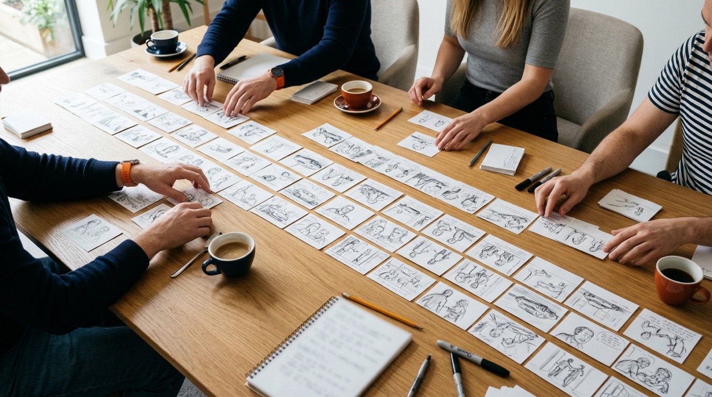 A creative team laying out hand-drawn storyboard cards on a meeting table in a story sequence, handwriting blurred