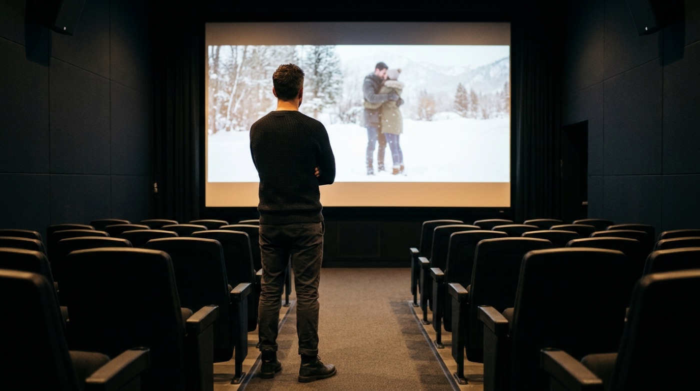 A creative director standing in a screening room, watching a brand short film on the big screen, thoughtful