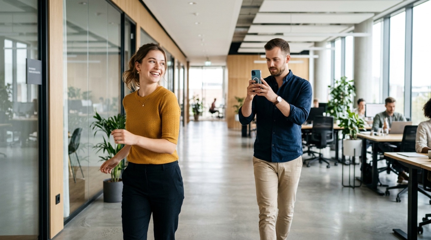A woman turns and smiles in an office hallway while a colleague follows her, filming the reference take on a phone
