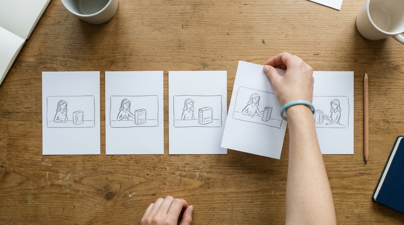 A hand places hand-drawn storyboard cards marking the turning points where the person and product appear