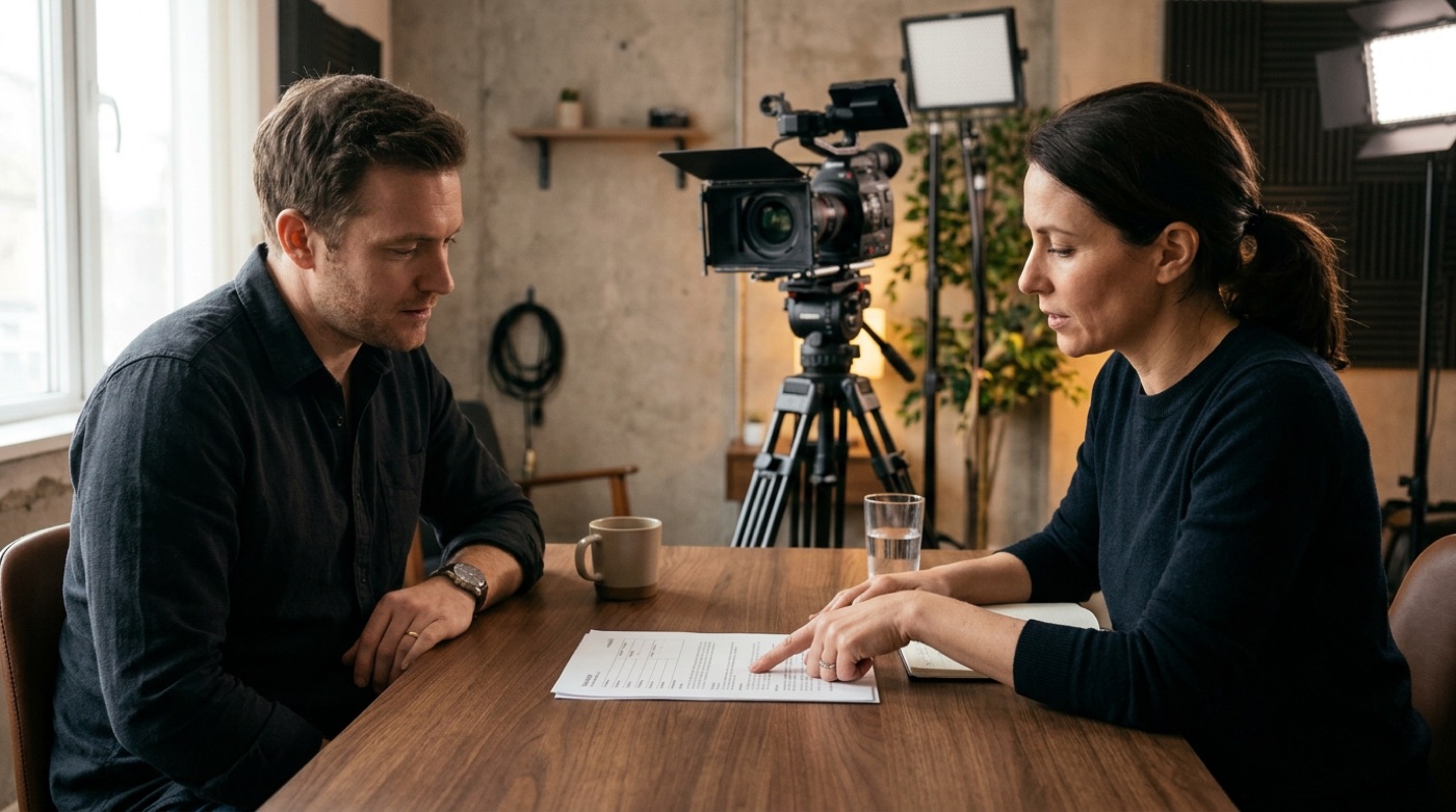 A producer and an actor review a performance consent form together at a studio table