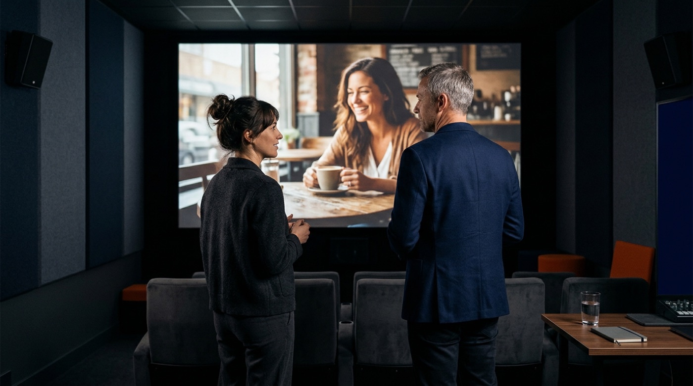 A director and a client watch the finished AI brand film in a screening room