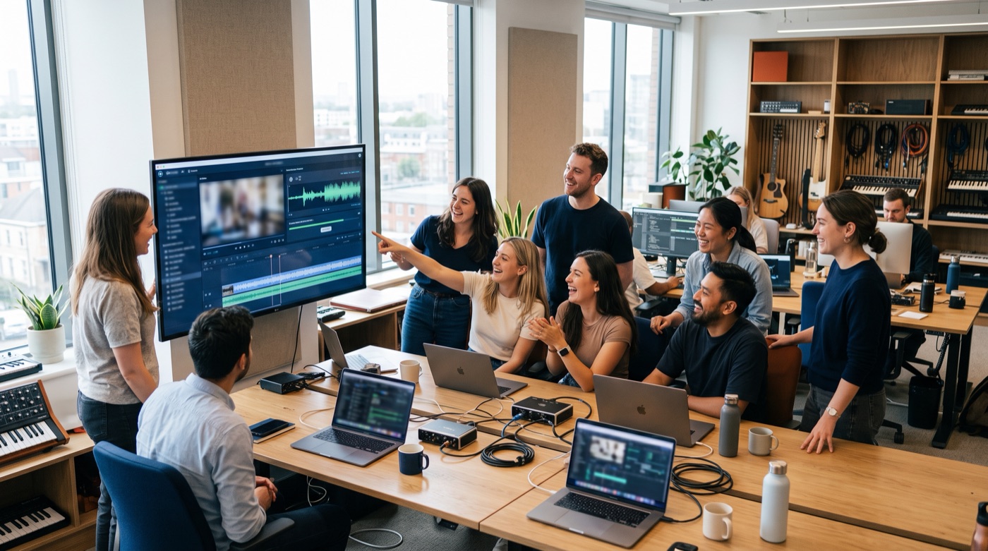 A music-tech team gathered around a screen watching AI compose a soundtrack from a video