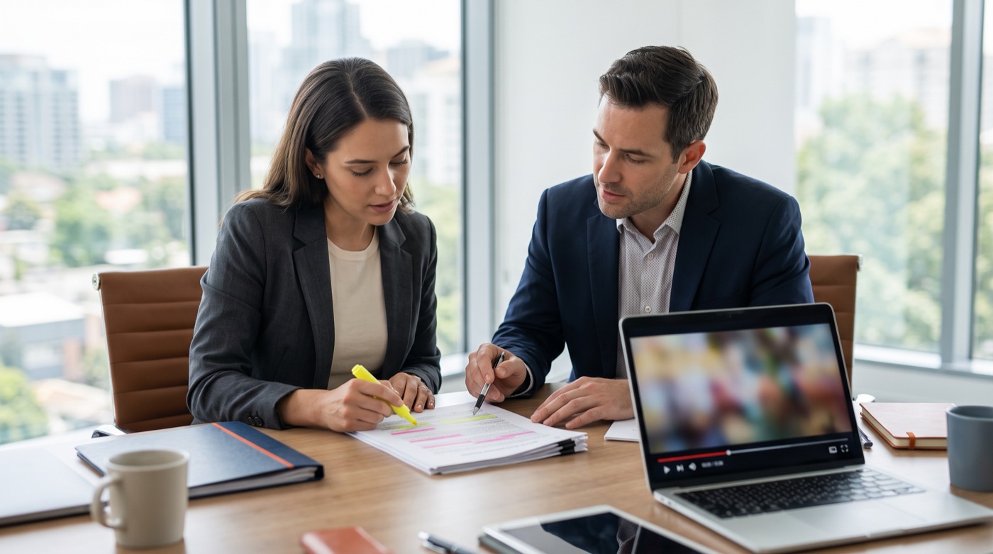 A brand marketing manager and a lawyer reviewing music license terms beside a paused ad video