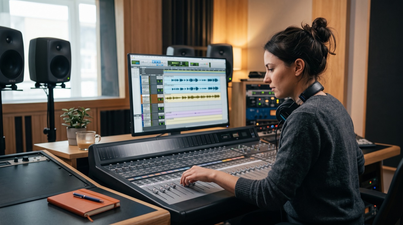 A mixer adjusting only the music track while the dialogue tracks stay untouched