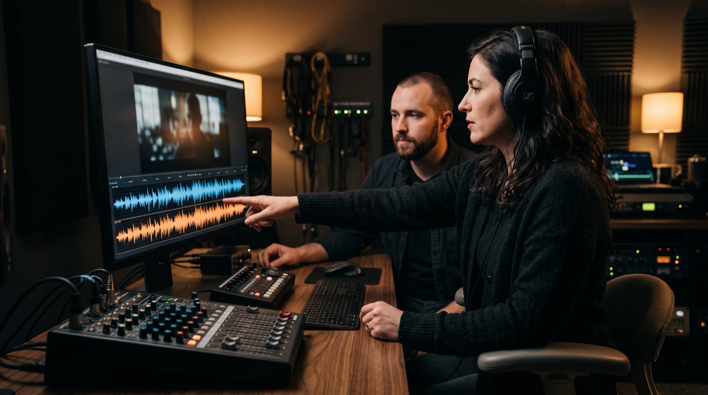 A creative director with headphones choosing between two music waveforms for a brand film