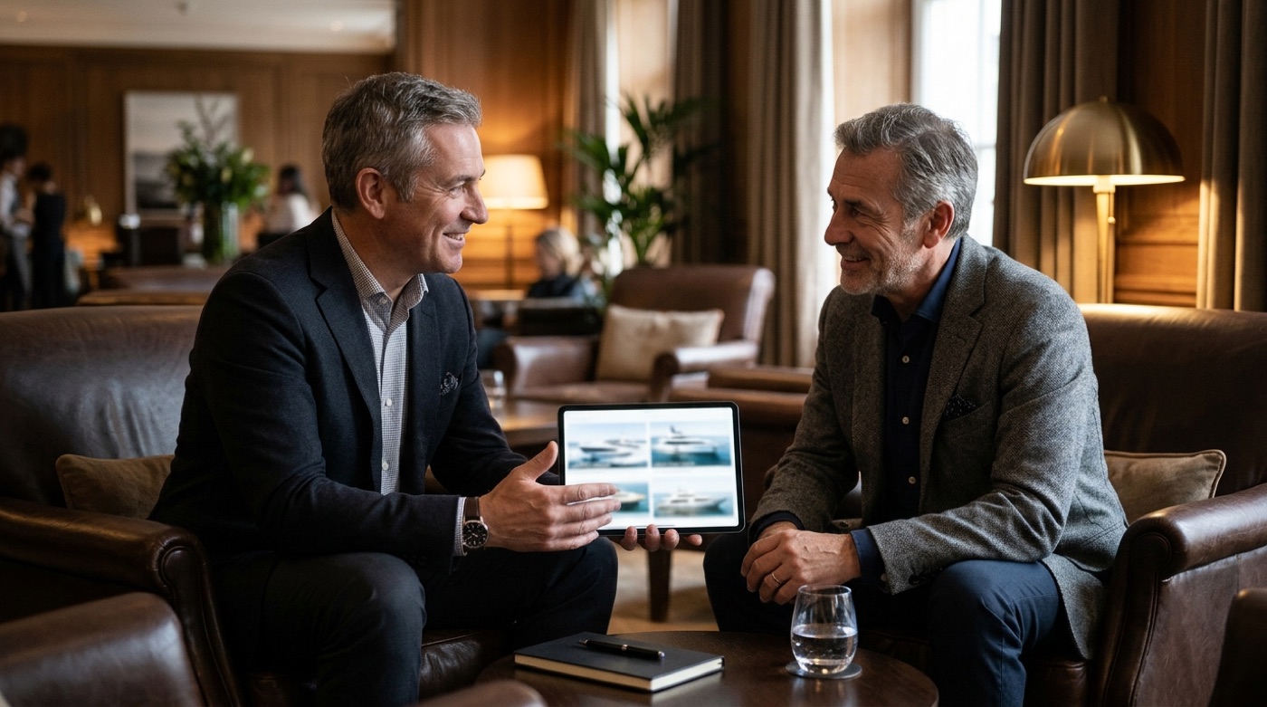 A yacht broker showing a client listed yachts on a tablet in a private members lounge