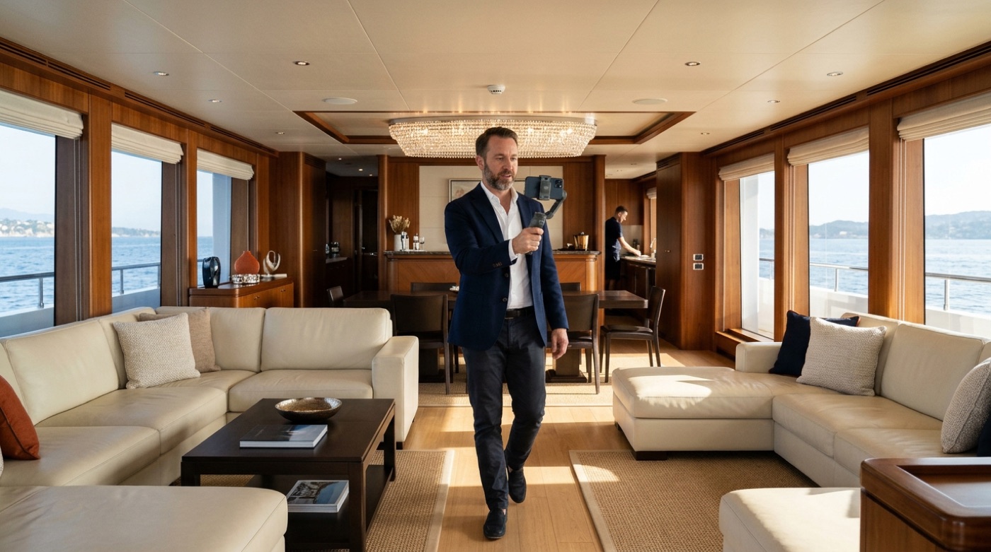 A broker filming a walkthrough video with a gimbal in the main salon of a superyacht
